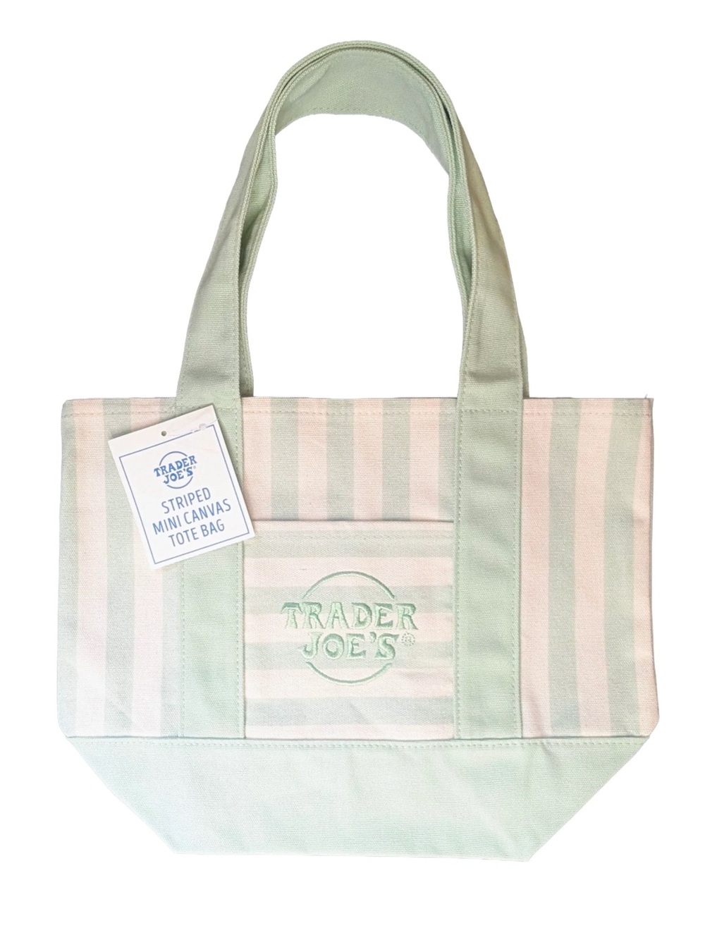 Trader Joe’s Mini Tote Bag - Striped Mini Canvas Tote Bag - Seafoam Green